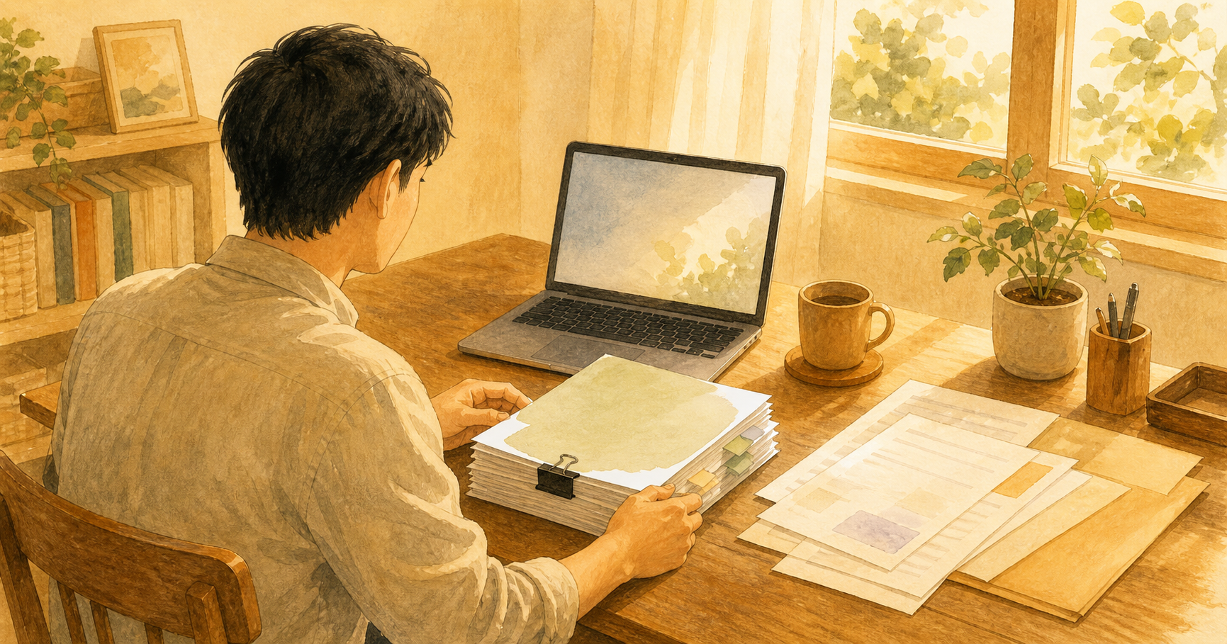 法人口座の追加審査に提出する資料を整理する男性のイラスト
