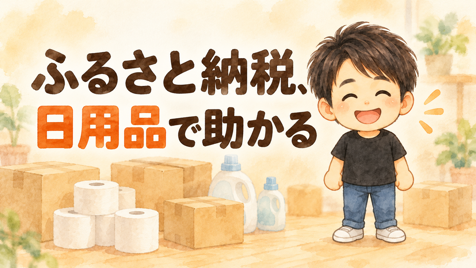 「ふるさと納税、日用品で助かる」の文字と、笑顔のようパパのイラスト