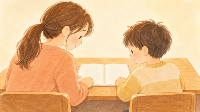 家に来た家庭教師の先生と男の子が並んでノートを見ているイラスト