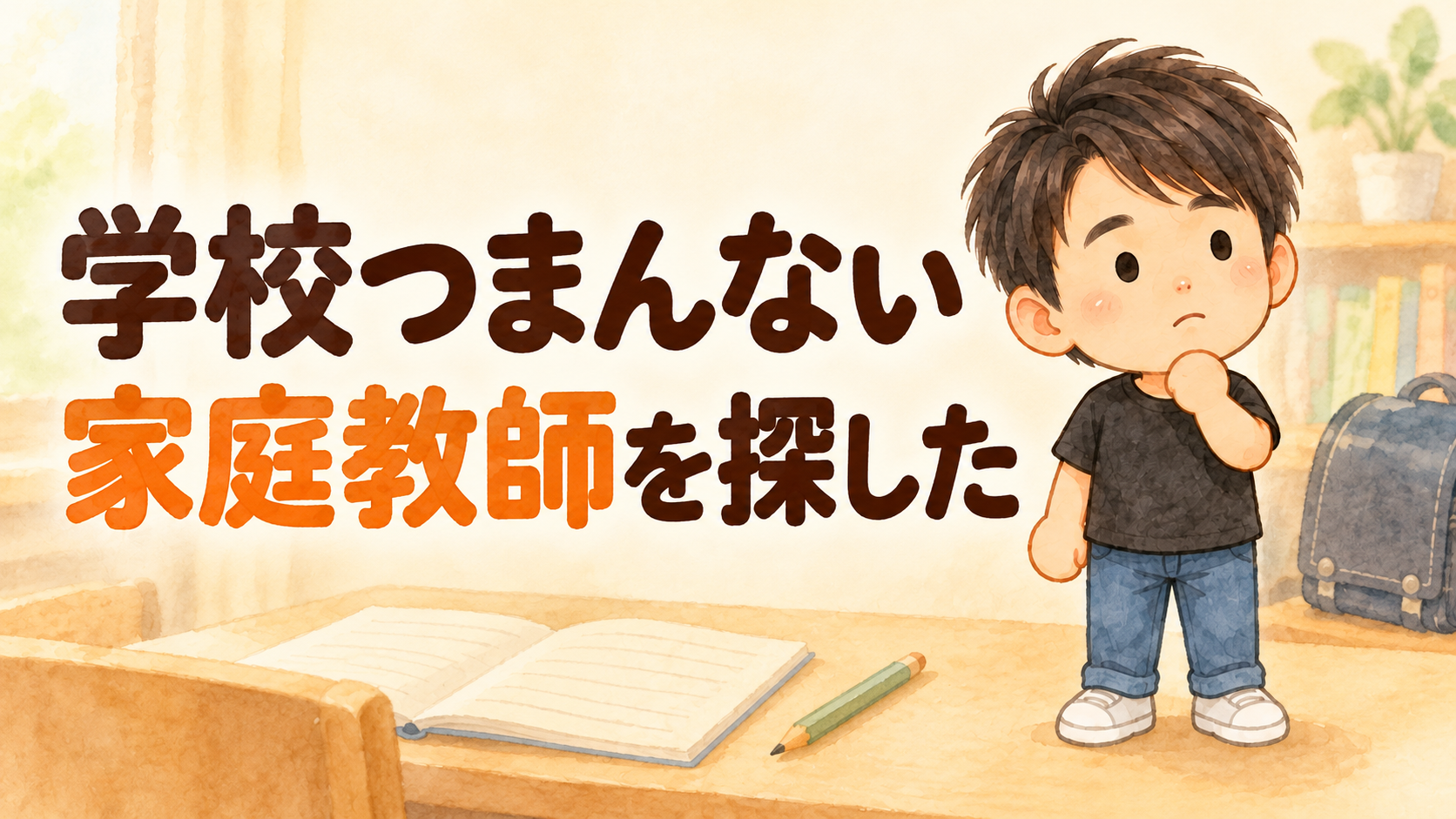 「学校つまんない 家庭教師を探した」の文字と、考え込むようパパのイラスト