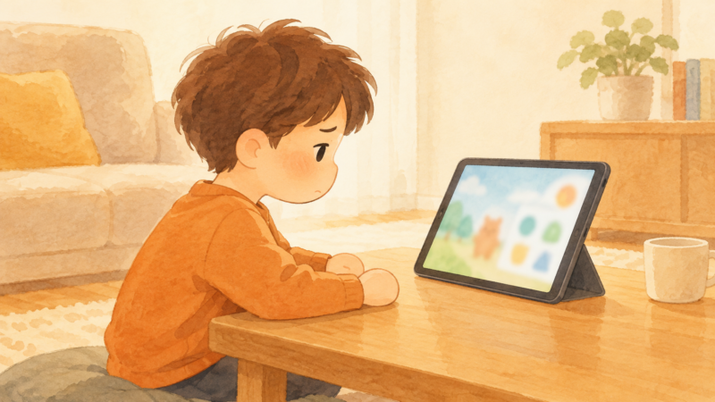 タブレットの算数アプリの前で手が止まっている男の子のイラスト
