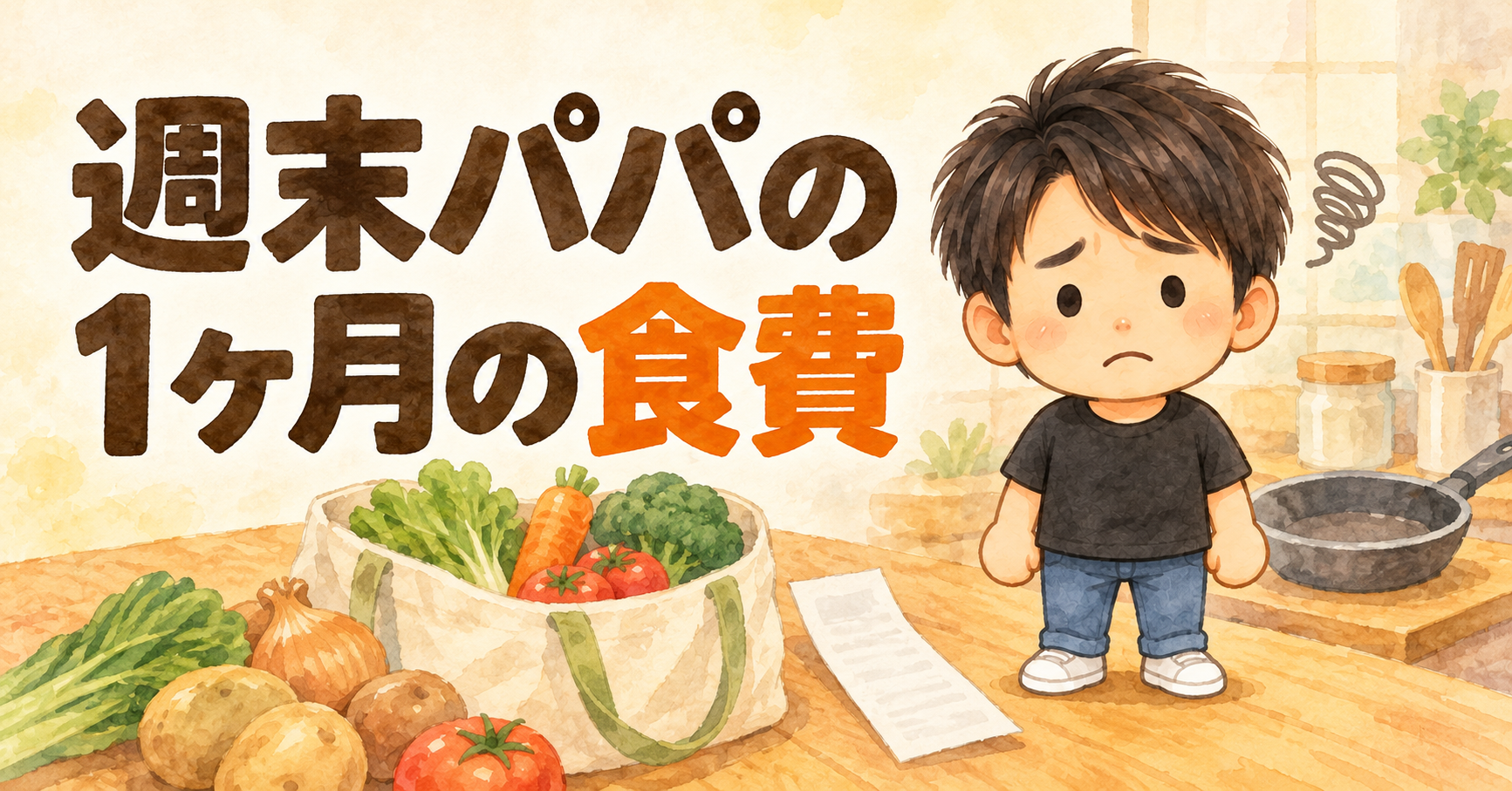 「週末パパの1ヶ月の食費」の文字と、困り顔のようパパのイラスト
